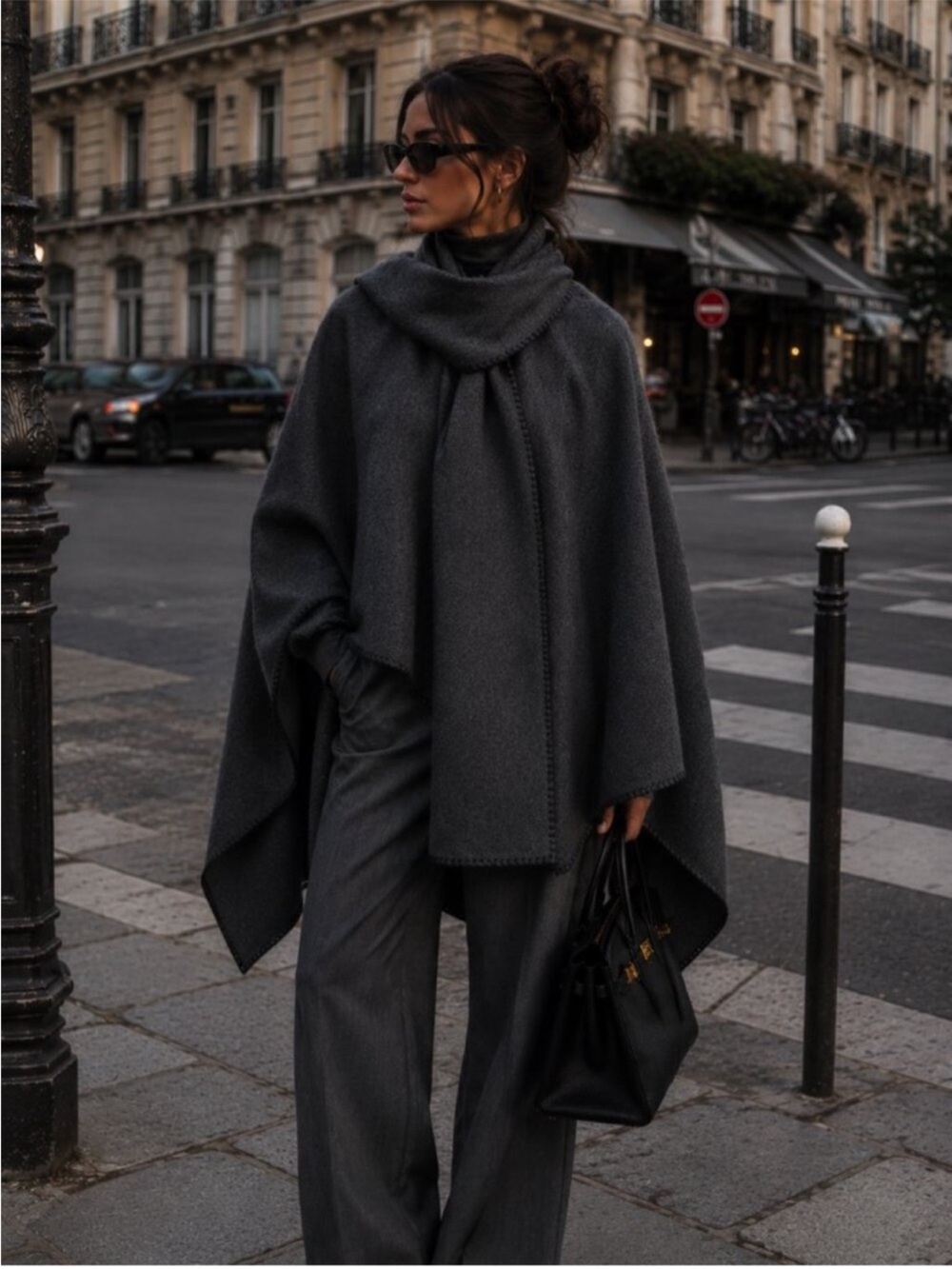 Zara Dark Gray Wool Poncho Cape with Scarf